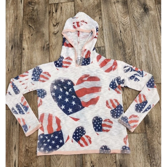 Enti Tops - Women's Hoodie Made in USA Knit Sheer Heart Red White Blue America Patriot